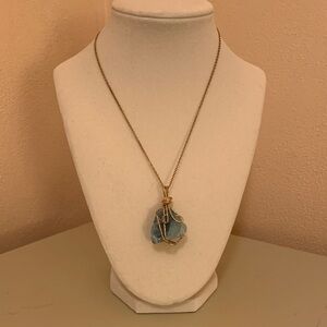 Gold-Tone Chain Necklace with Blue Wire-Wrapped Stone Pendant